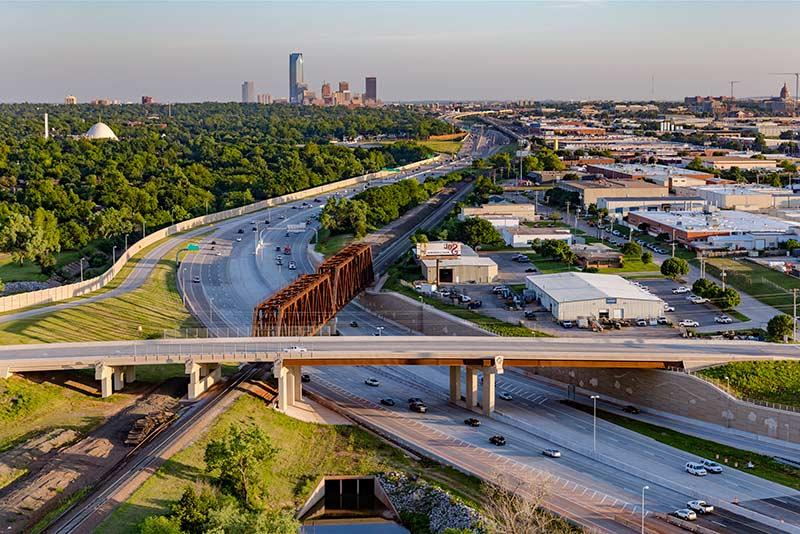 Aerial view of I-235 Broadway Extension Corridor project adjacent to Central Business District